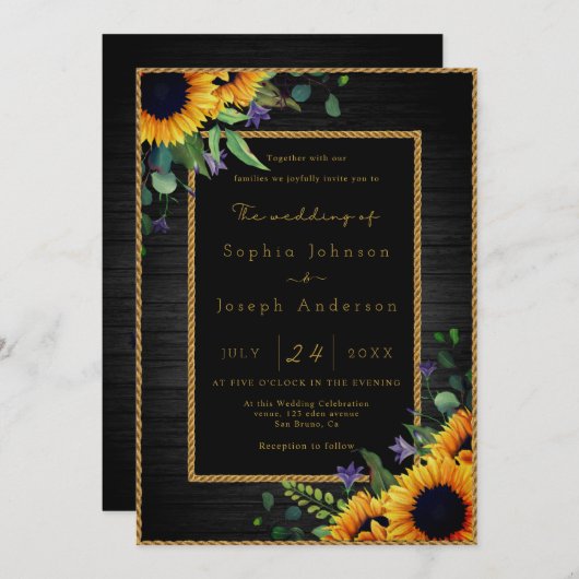 Invitation Elégant tournesol doré et Mariage en bois rustique (Devant / Derrière)