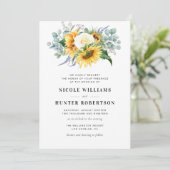 Invitation élégant tournesol eucalyptus bleu marine mariage (Debout devant)