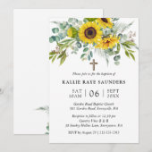 Invitation Élégant Tournesol Eucalyptus Croix Florale Baptême (Devant / Derrière)