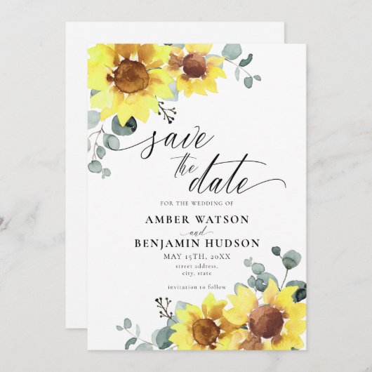 Invitation Élégant Tournesol Eucalyptus Floral Enregistrer La (Devant / Derrière)