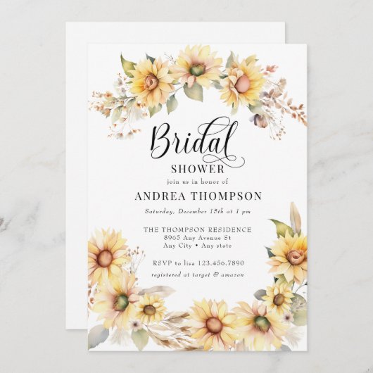 Invitation Élégant tournesol | Fête des mariées jaune (Devant / Derrière)