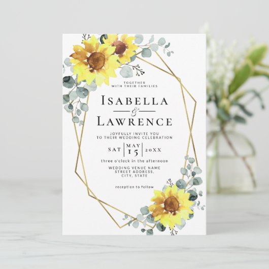 Invitation Élégant tournesol Floral or Mariage géométrique I (Debout devant)