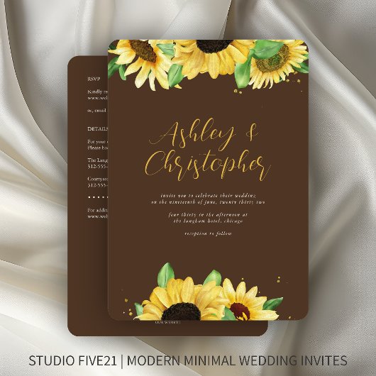 Invitation Élégant tournesol rustique Brown tout-en-un Mariag