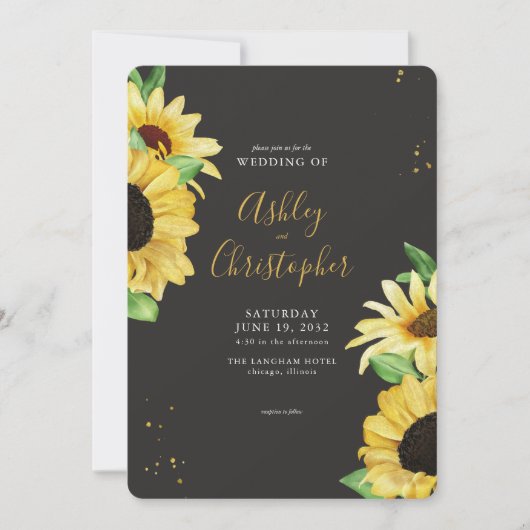 Invitation Élégant tournesol rustique noir Mariage tout-en-un (Devant)