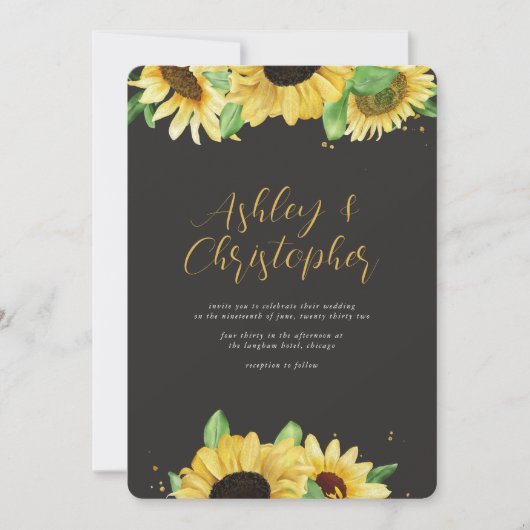 Invitation Élégant tournesol rustique noir Mariage tout-en-un (Devant)