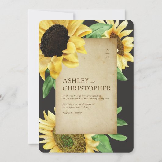 Invitation Élégant tournesol rustique noir Mariage tout-en-un (Devant)