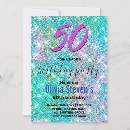 Invitation Elégant tout âge irisé bleu arc-en-ciel parties sc (Devant)