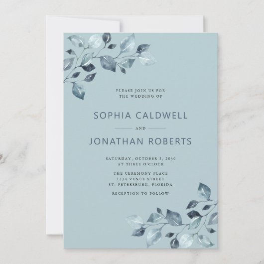 Invitation Elégant tout en un Dusty Blue Eucalyptus Mariage (Devant)