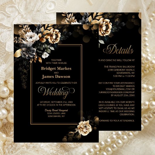 Invitation Élégant tout en un Mariage Floral d'or noir