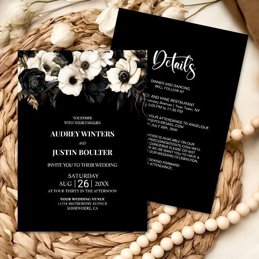 Invitation Élégant tout en un Mariage floral noir et blanc