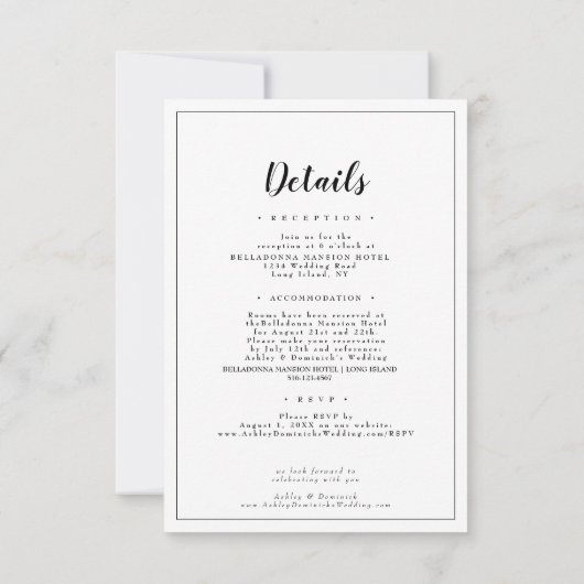 Invitation Élégant tout en un Mariage noir Script bordé (Dos)