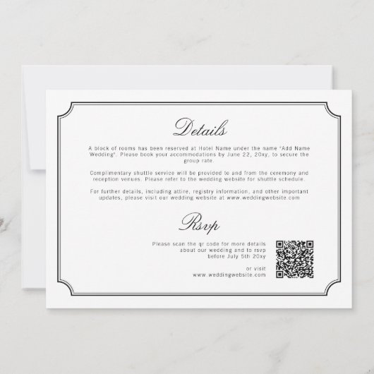 Invitation Élégant tout-en-un QR RSVP blanc Mariage simple (Dos)
