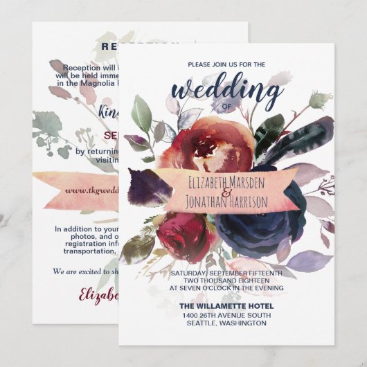 Invitation Élégant tout en un Rose de la marine de Bourgogne  (Devant / Derrière)