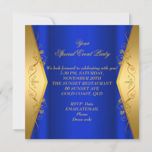 Invitation Élégant Tout Événement Partie Royal Blue Gold Butt (Dos)