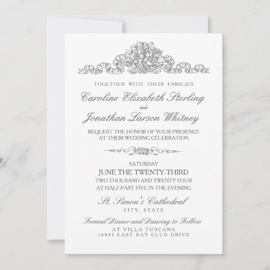 Invitation Élégant traditionnel | Mariage gris de Versailles (Devant)