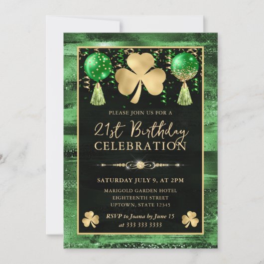 Invitation Élégant Trèfle de la Saint-Patrick Vert et Or 21e (Devant)