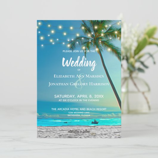 Invitation Elégant Tropical Beach String Lumières Palms Ombre (Debout devant)
