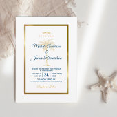 Invitation Elégant Tropical Blue Gold Palm Tree Beach Mariage