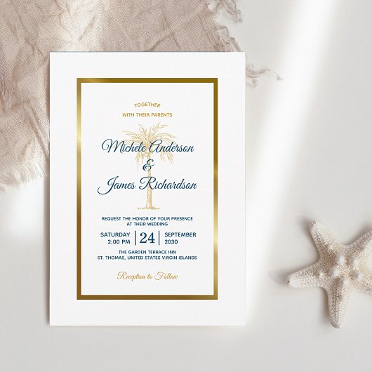 Invitation Elégant Tropical Blue Gold Palm Tree Beach Mariage