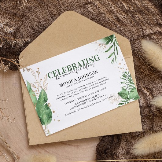 Invitation Elégant Tropical Botanical Greenery & Gold Funeral