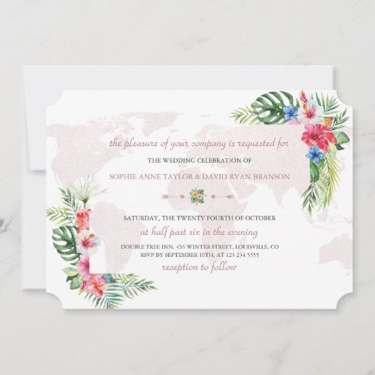 Invitation Élégant Tropical Floral Gold World Map Mariage (Devant)