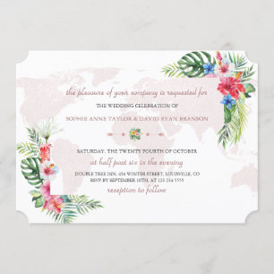 Invitation Élégant Tropical Floral Gold World Map Mariage
