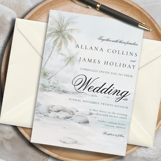 Invitation Elegant Tropical Palm Watercolor Beach Wedding