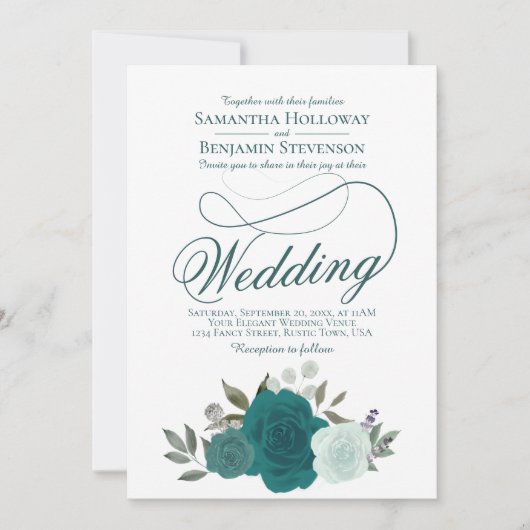 Invitation Elégant Turquoise & Aqua Roses Floral QR Code Mari (Devant)