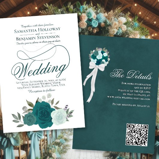 Invitation Elégant Turquoise & Aqua Roses Floral QR Code Mari