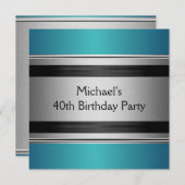 Invitation Elégant Turquoise Black & Silver Metal 40e anniver (Devant / Derrière)