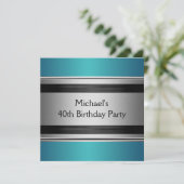 Invitation Elégant Turquoise Black & Silver Metal 40e anniver (Debout devant)