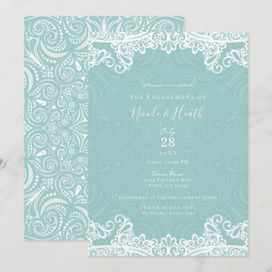 Invitation Élégant Turquoise Blanc Broderie Engagement   (Devant / Derrière)