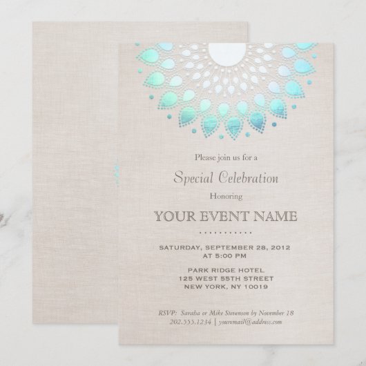 Invitation Élégant Turquoise Bleu Beige Aspect Lin (Devant / Derrière)