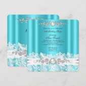Invitation Elégant Turquoise Bleu Blanc dentelle Bijou Bow An (Devant / Derrière)