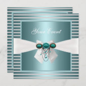 Invitation Elégant Turquoise Bleu Bleu Bleu Bijou Bow Blanc (Devant / Derrière)