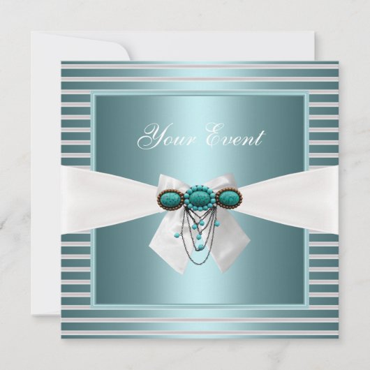 Invitation Elégant Turquoise Bleu Bleu Bleu Bijou Bow Blanc (Devant)