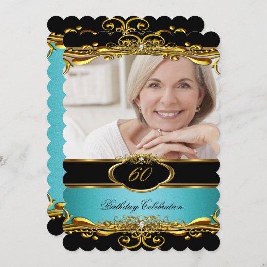 Invitation Elégant Turquoise Bleu Noir Or 60e fête d'annivers (Devant / Derrière)