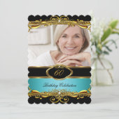 Invitation Elégant Turquoise Bleu Noir Or 60e fête d'annivers (Debout devant)