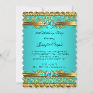 Invitation Elégant Turquoise Bleu Or Damas Diamant Anniversai