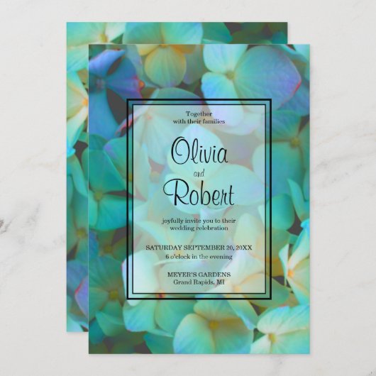 Invitation Elégant Turquoise bleu rose hydrangée fleurs Maria (Devant / Derrière)