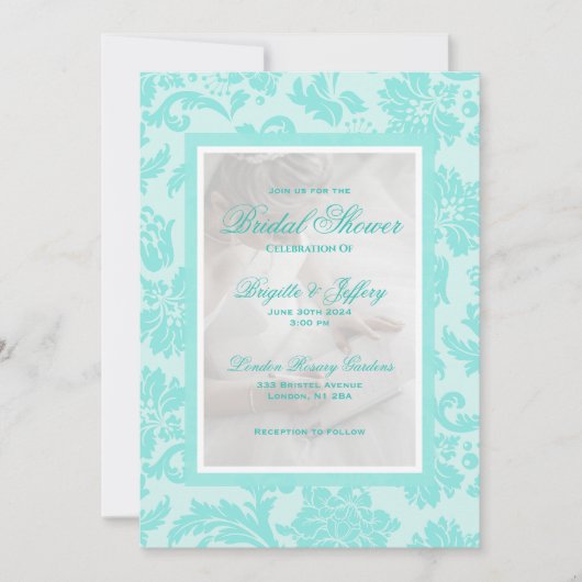 Invitation Elégant turquoise damask douche nuptiale personnal (Devant)
