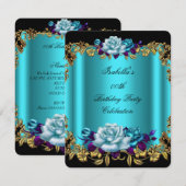 Invitation Elégant Turquoise doré bleu pourpre Roses Annivers (Devant / Derrière)