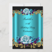 Invitation Elégant Turquoise doré bleu pourpre Roses Annivers (Devant)