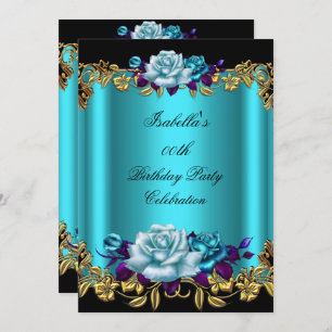Invitation Elégant Turquoise doré bleu pourpre Roses Annivers