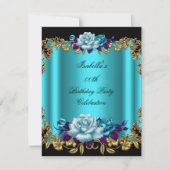 Invitation Elégant Turquoise doré bleu pourpre Roses Annivers (Devant)
