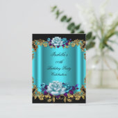 Invitation Elégant Turquoise doré bleu pourpre Roses Annivers (Debout devant)