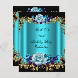 Invitation Elégant Turquoise doré bleu pourpre Roses Annivers