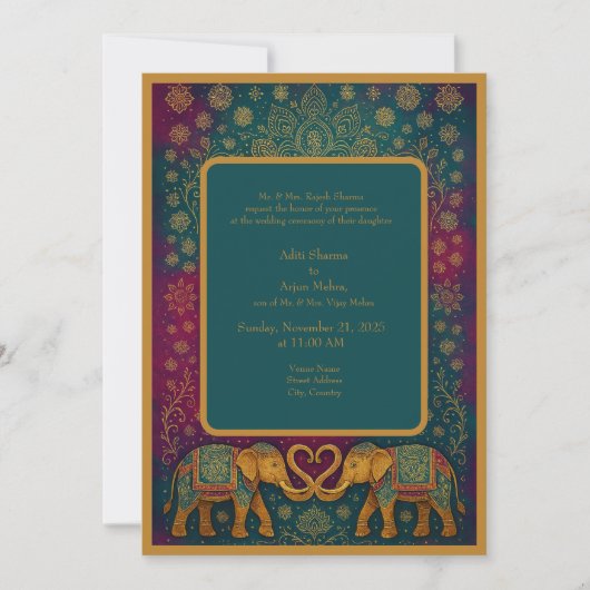Invitation Elégant turquoise éléphant mandala Mariage (Devant)