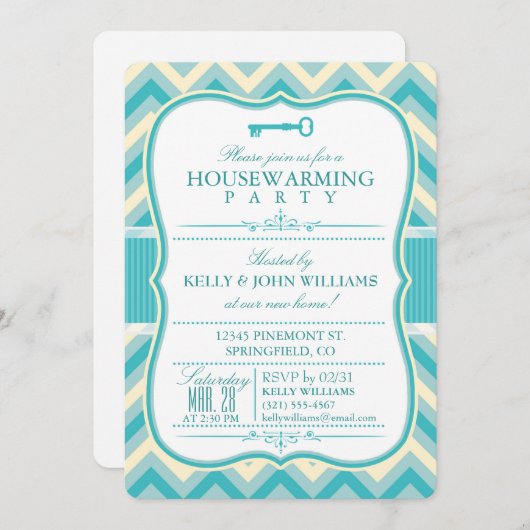 Invitation Élégant Turquoise et blanc blanc Chevron (Devant / Derrière)