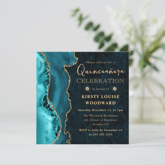 Invitation Elégant Turquoise et Parties scintillant or Agate (Debout devant)